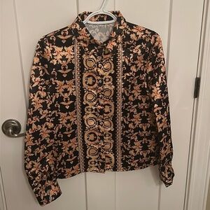 NWOT Black & Gold Baroque Pattern Blouse, size M